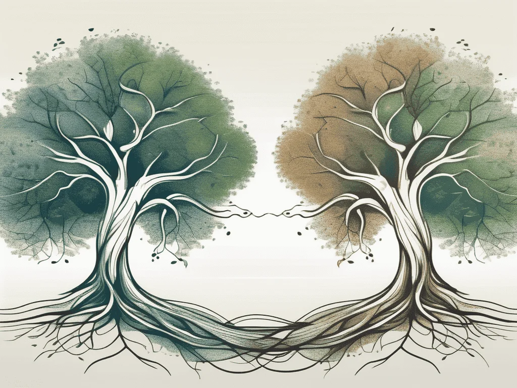 Two flourishing trees with intertwined roots